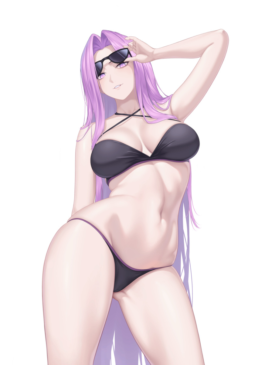 bare_shoulders bikini black_bikini breasts cleavage fate/stay_night fate_(series) female forehead grin highres large_breasts long_hair looking_at_viewer medusa_(fate) medusa_(rider)_(fate) navel nmi parted_bangs purple_eyes purple_hair sidelocks smile solo sunglasses swimsuit thighs very_long_hair