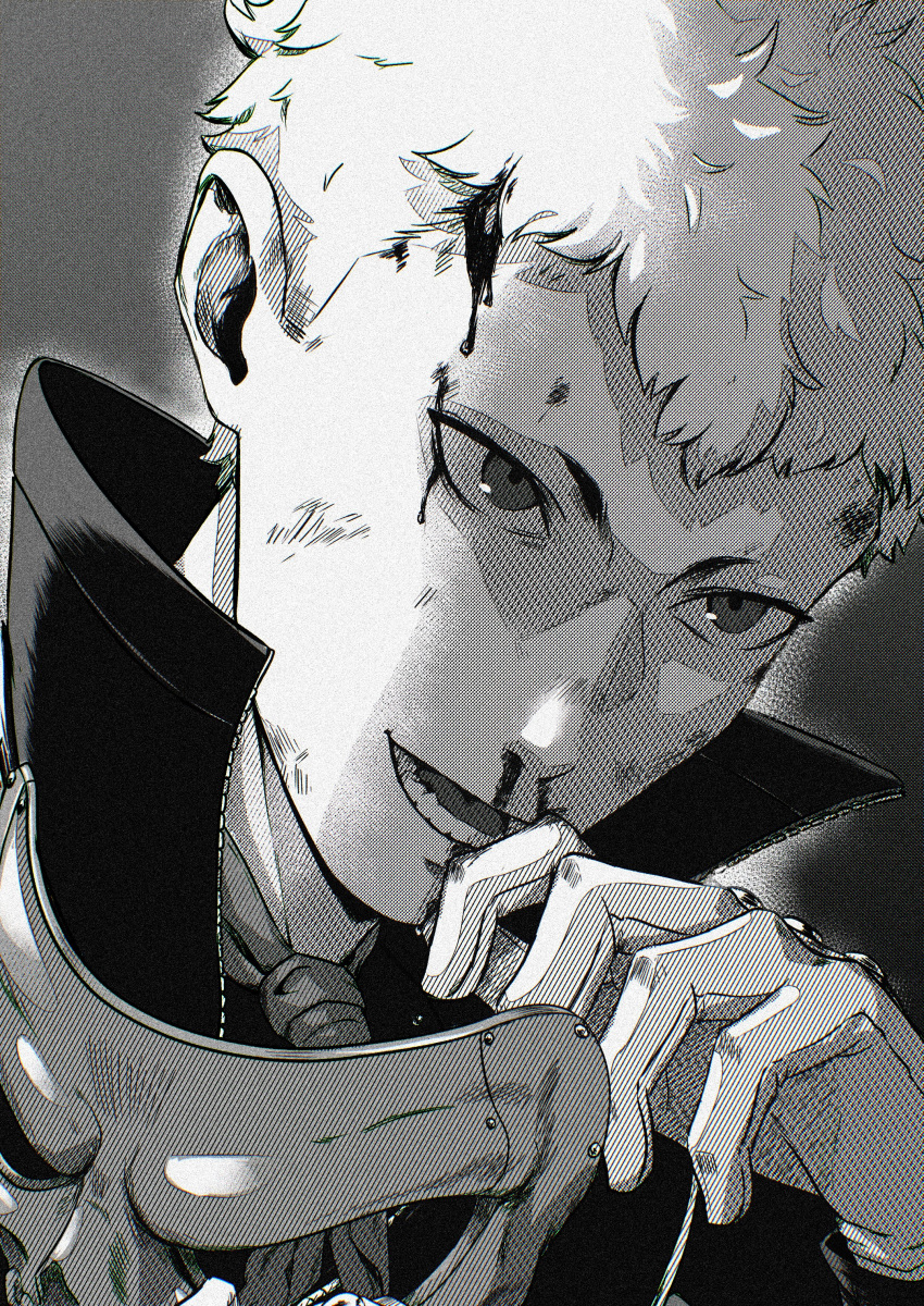 1boy absurdres arm_up blood blood_on_face commentary english_commentary gloves greyscale half_mask high_collar highres looking_ahead lower_teeth_only male_focus mask monochrome necktie nosebleed open_mouth persona persona_5 popped_collar raph_(raphodraws) sakamoto_ryuuji short_hair skull_mask solo teeth unworn_mask unzipped upper_body very_short_hair wiping_face zipper