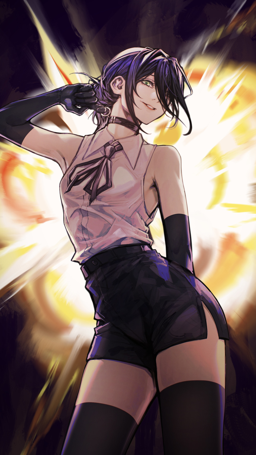 absurdres black_choker black_gloves black_hair black_ribbon black_skirt black_thighhighs chainsaw_man choker deka_yo elbow_gloves explosion female gloves green_eyes highres reze_(chainsaw_man) ribbon shirt skirt sleeveless sleeveless_shirt solo thighhighs white_shirt