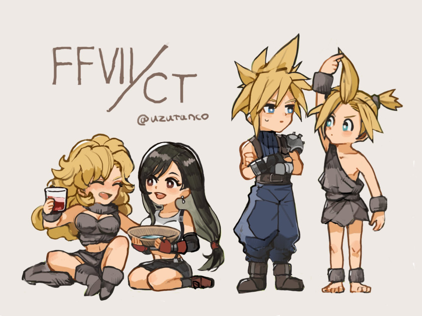 2boys 2girls alcohol arm_up armor ayla_(chrono_trigger) bare_shoulders barefoot black_hair black_skirt blonde_hair blue_eyes boots breasts caveman chrono_trigger cleavage cloud_strife commentary_request crop_top crossed_arms crossover cup curly_hair day earrings final_fantasy final_fantasy_vii fingerless_gloves full_body fur_cuffs fur_scarf gloves grey_fur high_ponytail highres holding holding_cup jewelry kino_(chrono_trigger) large_breasts long_hair looking_at_another low-tied_long_hair medium_hair midriff multiple_boys multiple_girls parted_bangs pectorals ponytail red_eyes red_gloves seiza short_ponytail shoulder_armor simple_background single_bare_shoulder single_earring single_sidelock sitting skirt spiked_hair square_enix standing sweatdrop tank_top tifa_lockhart twitter_username uzutanco white_tank_top