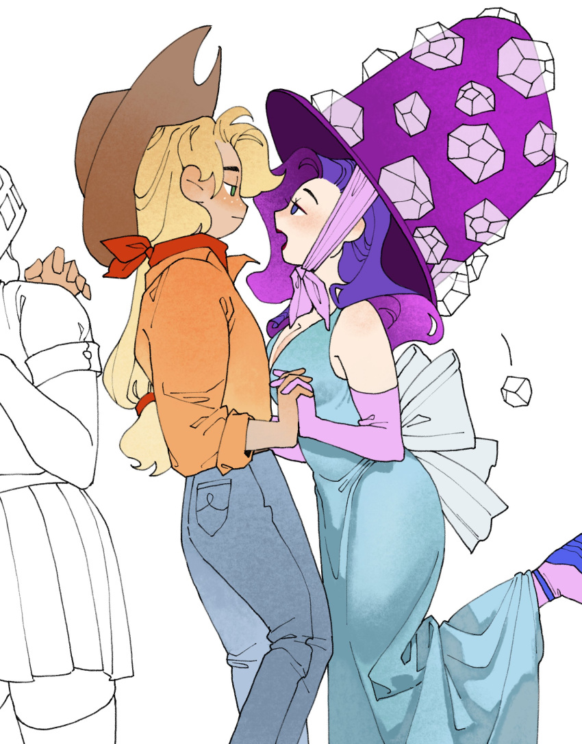 3girls absurdres applejack_(mlp) blonde_hair breasts cleavage cowboy_hat dress english_commentary evening_gown hat highres holding_hands interlocked_fingers multiple_girls my_little_pony my_little_pony:_friendship_is_magic purple_hair rarity_(my_little_pony) wenwen_(ww4zd) yuri