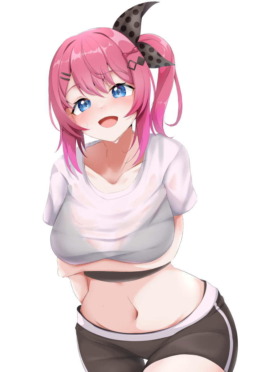 absurdres arm_under_breasts black_shorts black_sports_bra blue_eyes blush bra_visible_through_clothes breasts crop_top cropped_shirt female gradient_hair hair_ornament hair_ribbon hairclip highres kuramochi_meruto large_breasts long_hair looking_at_viewer midriff multicolored_hair navel neko-suki_kenshuu_neko nijisanji open_mouth pink_hair polka_dot polka_dot_ribbon purple_hair ribbon see-through_clothes see-through_shirt shirt short_sleeves shorts side_ponytail simple_background smile solo sports_bra sports_bra_peek sweat virtual_youtuber white_background white_shirt