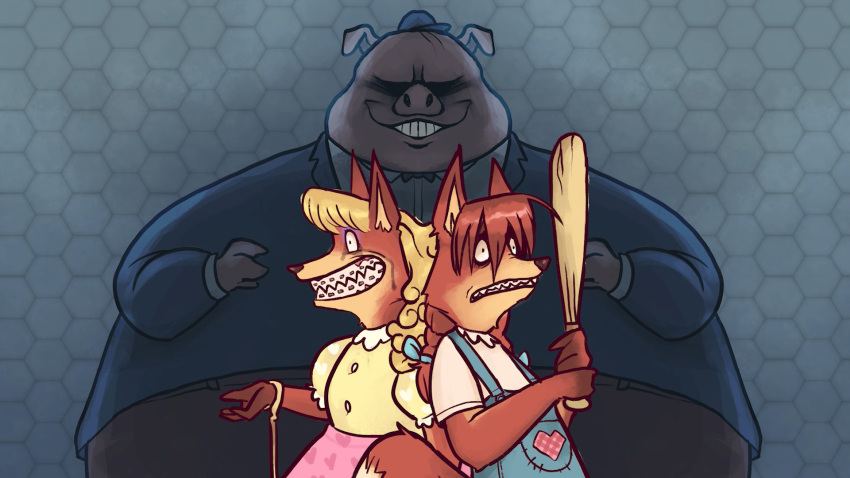 anthro bad_end baseball_bat bat_(object) before_and_after blonde_hair bodily_fluids braces canid canine chicken_little_(2005) clothed clothing creepy_face creepy_smile disney domestic_pig duo female fingers fox foxy_loxy_(2005) fur hair hat headgear headwear hi_res hooved_fingers hooves lobotomy makeup male mammal mind_alteration mind_break orange_body orange_fur pattern_background permagrin personality_change personality_death pibgeon pink_body pink_fur running_makeup runt_of_the_litter sharp_teeth simple_background size_difference smile stepfordization suid suina sus_(pig) tan_body tan_fur tears teeth twintails umbrella video_at_source