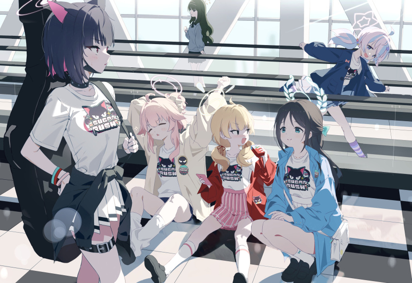 6+girls :d absurdres ahoge airi_(band)_(blue_archive) airi_(blue_archive) animal_ears ankle_socks bag beads black_bow black_bowtie black_choker black_footwear black_hair black_hairband black_jacket black_mask black_skirt blonde_hair blue_archive blue_eyes blue_hair blue_jacket blue_skirt blue_socks blunt_bangs blush bow bowtie bracelet breasts brown_eyes brown_hair brown_halo brown_jacket cardigan cat_ears cellphone choker clothes_around_waist collarbone collared_jacket collared_shirt colored_inner_hair commentary full_body gogoco green_bow green_eyes green_halo grey_cardigan guitar_case hair_beads hair_between_eyes hair_ornament hair_ribbon hairband hairbow halo handbag high-waist_skirt highres holding holding_juice_box holding_phone indoors instrument_case instrument_case_on_back jacket jacket_around_waist jewelry kazusa_(band)_(blue_archive) kazusa_(blue_archive) kneehighs loafers long_hair long_sleeves looking_at_another loose_socks low_twintails mask_pull medium_hair miniskirt moving_walkway multicolored_hair multiple_girls natsu_(band)_(blue_archive) natsu_(blue_archive) open_clothes open_jacket parted_bangs phone pink_hair pink_halo pink_skirt pleated_skirt print_shirt purple_socks red_eyes red_jacket red_ribbon reisa_(blue_archive) ribbon shirt shoes short_sleeves sidelocks sitting skirt small_breasts smartphone smile socks squatting star_(symbol) star_hair_ornament streaked_hair striped_clothes striped_socks symbol-only_commentary t-shirt thigh_strap tsumugi_(blue_archive) twintails wading white_shirt white_skirt white_socks yellow_halo yoshimi_(band)_(blue_archive) yoshimi_(blue_archive)