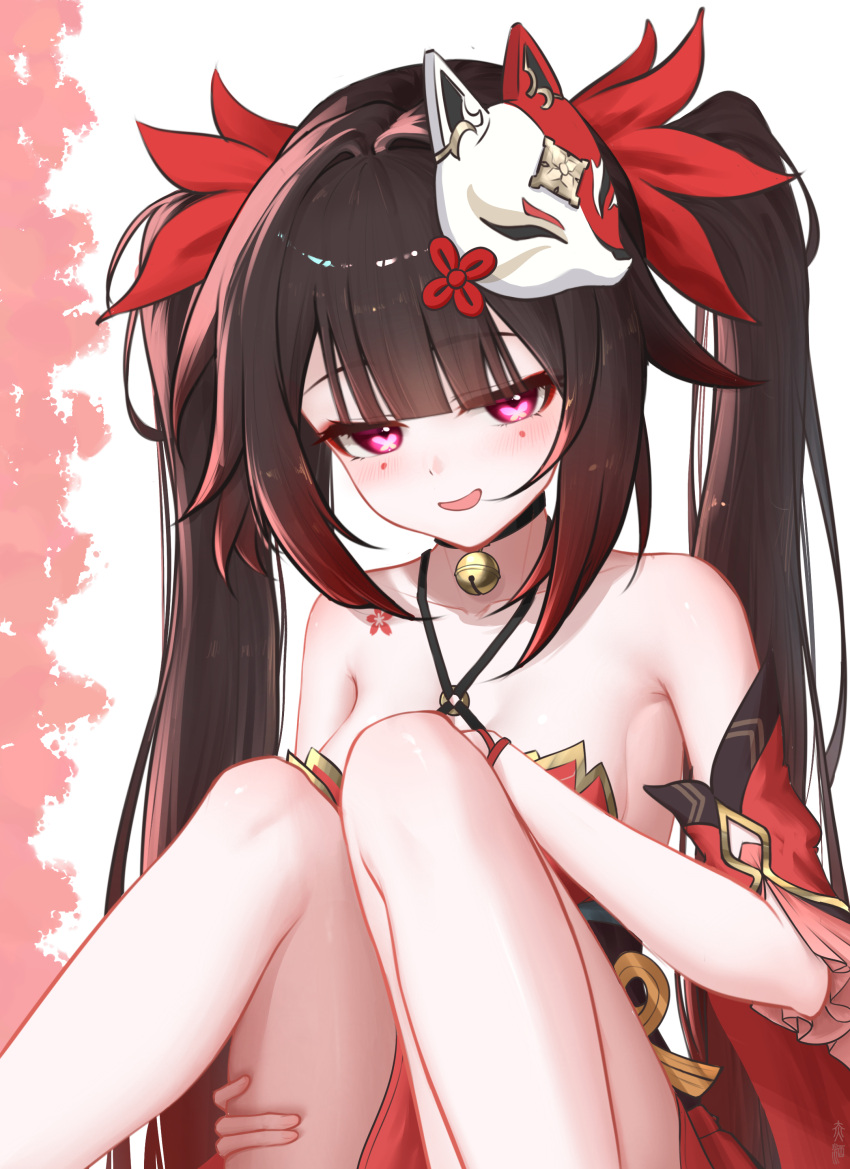 absurdres bare_shoulders bell black_choker blunt_bangs brown_hair chijiu_jo choker collarbone detached_sleeves dress feet_out_of_frame female fox_mask gold_trim gradient_hair hair_ornament half-closed_eyes hand_on_own_thigh hand_up highres honkai:_star_rail honkai_(series) jingle_bell knees_together_feet_apart knees_up light_blush long_hair looking_at_viewer mark_under_both_eyes mask mask_on_head multicolored_hair neck_bell open_mouth pink_eyes red_dress red_sleeves seductive_smile sidelocks sitting smile solo sparkle_(honkai:_star_rail) strapless strapless_dress twintails very_long_hair