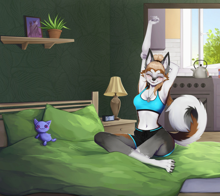 anthro bed blush canid canine canis closed_eyes crossed_legs dein-schatten dog_tags domestic_dog female furniture hi_res husky inside kettle lamp mammal nordic_sled_dog on_bed pillow sitting sitting_on_bed solo spitz stretching