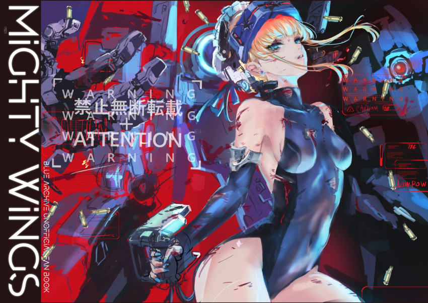 bleeding blonde_hair blood blood_on_clothes blue_archive blue_eyes blue_gloves blue_leotard blue_nails breasts controller cowboy_shot cuts earrings elbow_gloves english_text female fingerless_gloves floating_hair gloves half-closed_eyes head-mounted_display head_back headgear highleg highleg_leotard highres holding injury jewelry joystick leotard looking_at_viewer maid_headdress mecha osakana_(denpa_yun'yun) red_background robot shell_casing short_hair_with_long_locks sidelocks skin_tight sleeveless_leotard small_breasts solo stud_earrings toki_(abi-eshuh)_(blue_archive) toki_(blue_archive) torn_clothes torn_leotard