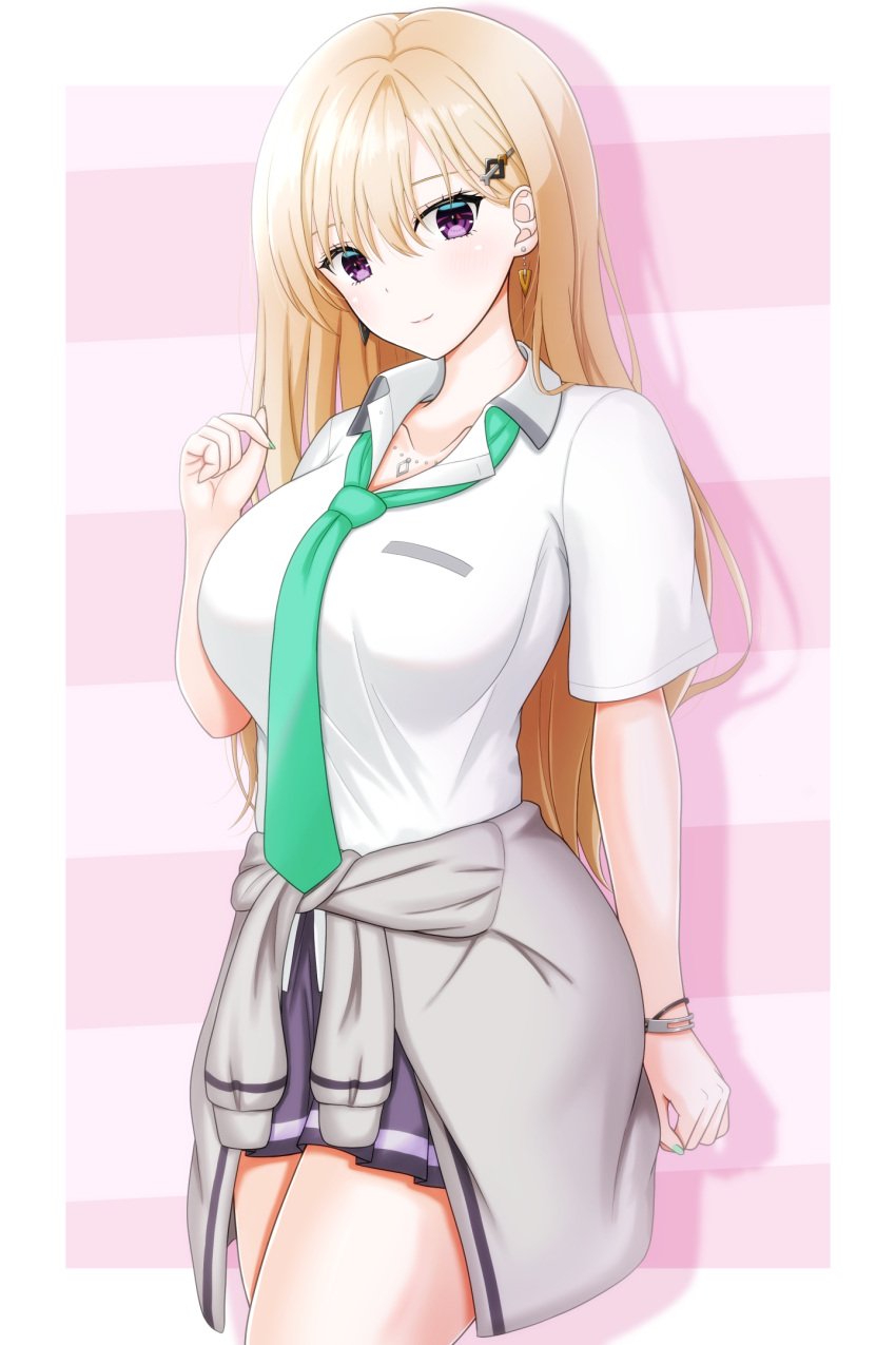 ayase_saki blonde_hair border bracelet breasts closed_mouth clothes_around_waist collarbone collared_shirt commentary_request earrings female gimai_seikatsu green_necktie grey_jacket grey_skirt hand_up highres jacket jacket_around_waist jewelry large_breasts long_hair looking_at_viewer nabeshiita_(atsuryoku_nabe) necktie outside_border pink_background pleated_skirt purple_eyes school_uniform shirt short_sleeves skirt solo striped_background white_border white_shirt