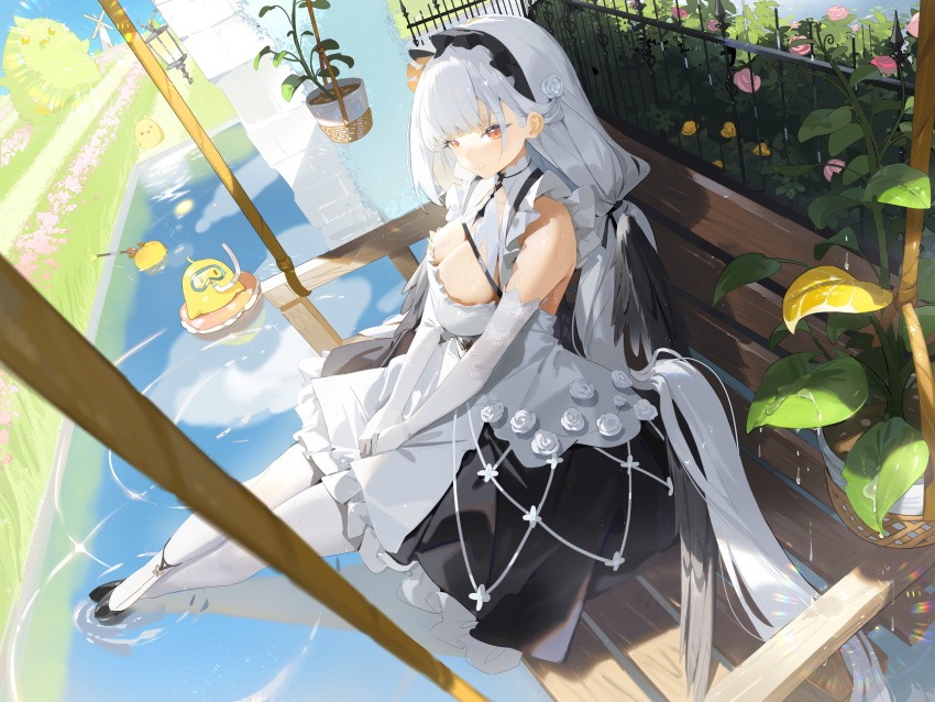 azur_lane bare_shoulders black_footwear breasts character_request cleavage dress elbow_gloves english_commentary female flower flower_pot gate gloves helic_(7317helic) highres innertube lantern large_breasts leaf long_hair manjuu_(azur_lane) orange_eyes pantyhose plant rope scuba_gear sitting solo swim_ring swing veil very_long_hair wading water white_gloves white_hair