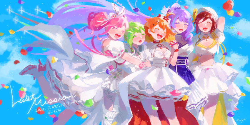 5girls :d ^_^ beret blonde_hair blue_hair bow breasts cleavage cleavage_cutout closed_eyes clothing_cutout cloud colored_tips contrail cropped_shirt dated dress facing_viewer freyja_wion hair_behind_ear hair_bun hair_ribbon hairbow hat head_tilt heart heart_hair highres jacket kaname_buccaneer long_hair macross macross_delta makina_nakajima medium_breasts medium_hair mikumo_guynemer multicolored_hair multiple_girls open_mouth orange_hair pink_hair puffy_short_sleeves puffy_sleeves purple_hair purple_skirt red_hair red_skirt reina_prowler ribbon ro_(tuyu_416) shirt short_hair short_sleeves single_hair_bun skirt sky small_breasts smile streaked_hair very_long_hair walkure_(macross_delta) white_bow white_dress white_hat white_jacket white_ribbon white_shirt white_skirt