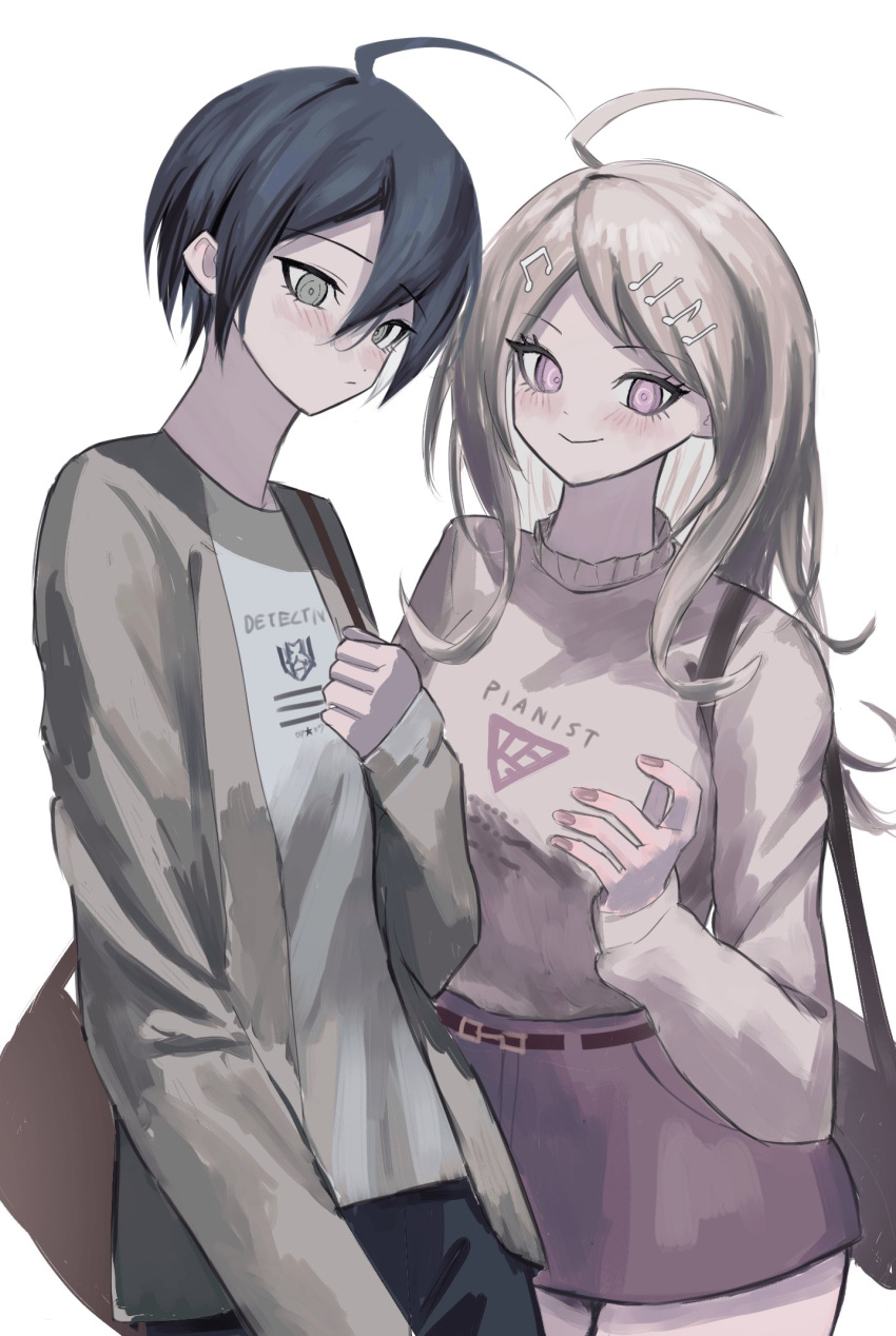 1boy ahoge akamatsu_kaede bag bishounen black_hair blonde_hair blush breasts buttons cardigan commentary danganronpa_(series) danganronpa_v3:_killing_harmony eyelashes female hair_ornament highres long_hair long_sleeves looking_at_viewer musical_note musical_note_hair_ornament muted_color nail_polish open_cardigan open_clothes pink_eyes pink_nails pink_skirt saihara_shuichi shirt short_hair shoulder_bag skirt smile sukizukiko upper_body white_background white_shirt yellow_eyes