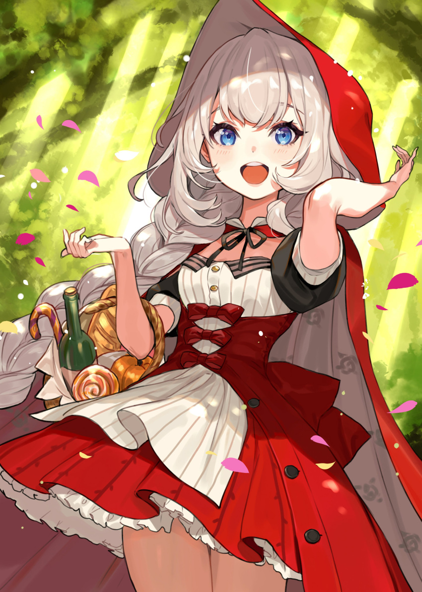 absurdres bad_id bad_twitter_id basket black_ribbon blue_eyes blush bottle braid braided_ponytail bread_bun breasts candy candy_cane cloak commentary_request dress fate/grand_order fate_(series) female food forest grey_hair highres hood hood_up hooded_cloak light_rays long_hair looking_at_viewer marie_antoinette_(fate) marie_antoinette_(festival_outfit)_(fate) nature neck_ribbon official_alternate_costume outdoors petals puffy_short_sleeves puffy_sleeves pumpkin red_cloak red_dress ribbon short_sleeves single_braid small_breasts smile solo underbust very_long_hair wine_bottle yuu_(higashi_no_penguin)