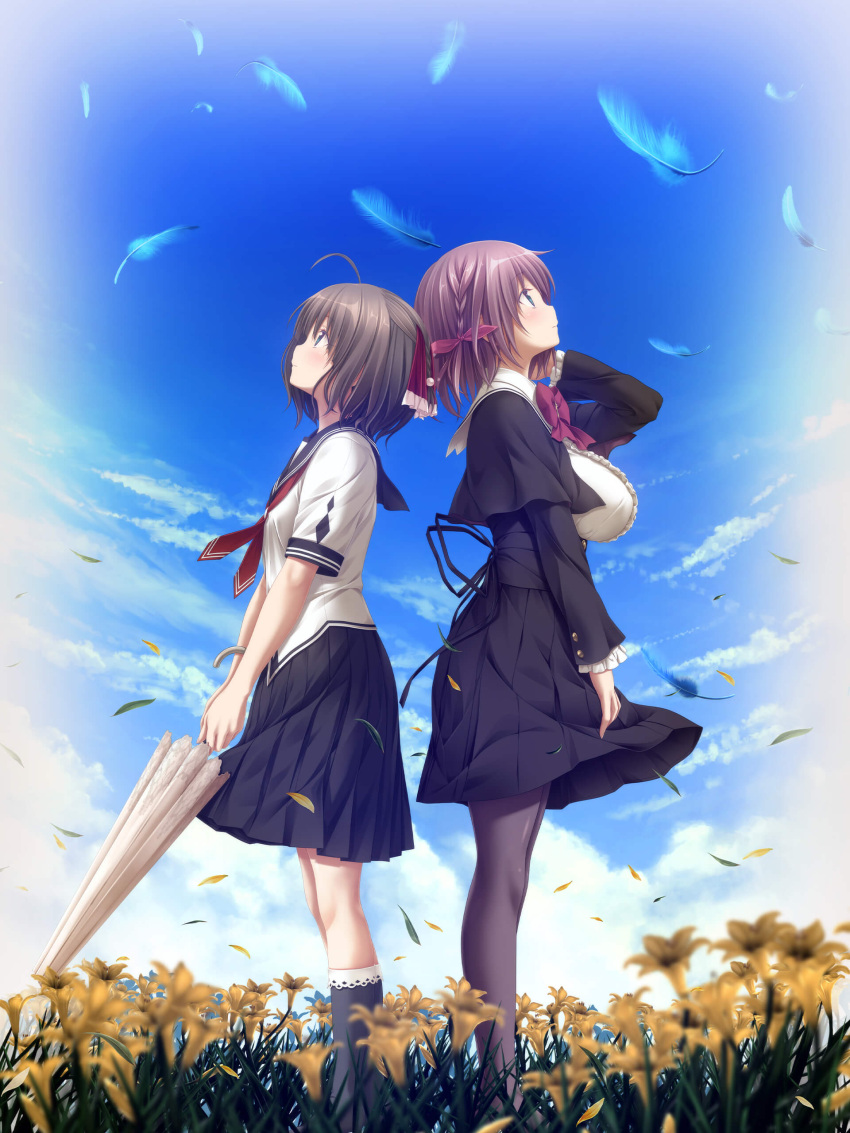 2girls absurdres amatsutsumi aoi_tori_(purple_software) back-to-back black_hair black_pantyhose black_sailor_collar black_shirt black_skirt black_socks blue_eyes breasts brown_hair company_connection crossover day feathers field flower flower_field frilled_shirt frills full_body hair_ribbon highres holding holding_umbrella in-franchise_crossover koku large_breasts long_sleeves looking_up minazuki_hotaru_(amatsutsumi) multiple_girls neck_ribbon neckerchief official_art outdoors pantyhose pleated_skirt profile red_neckerchief red_ribbon ribbon sailor_collar school_uniform serafuku shirt short_hair skirt sky small_breasts socks standing umbrella umino_akari white_sailor_collar white_shirt white_umbrella wind