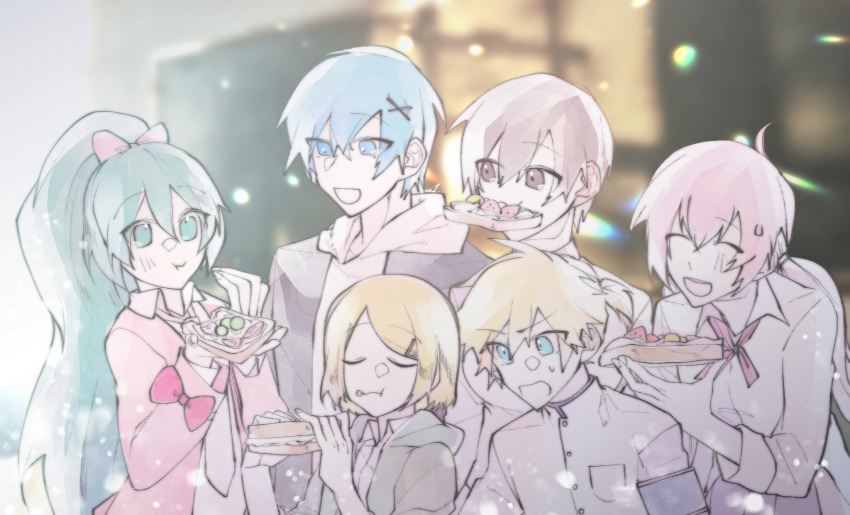 2boys 4girls aqua_eyes aqua_hair binggwaryu blonde_hair blue_eyes bow bowtie bread brown_eyes brown_hair closed_eyes commentary eating executive_student_council_(module) faker_(module) food green_hoodie hair_ornament hairbow hairclip hand_up hatsune_miku highres holding holding_food hood hoodie houkago_mode_(module) jacket kagamine_len kagamine_rin kaito_(vocaloid) lens_flare long_hair megurine_luka meiko_(vocaloid) mouth_hold multiple_boys multiple_girls neck_ribbon open_mouth photo_background pink_hair pink_jacket ponytail project_diva_(series) ribbon ribbon_girl_(module) sandwich school_uniform_parka_(module) shirt short_hair swept_bangs upper_body v-shaped_eyebrows vocaloid white_shirt white_uniform