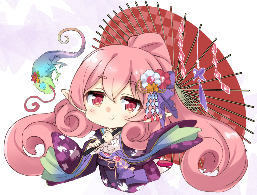 animal black_kimono blush chibi closed_mouth commentary_request female flower full_body hair_between_eyes hair_flower hair_ornament high_ponytail highres hizuki_yayoi holding holding_umbrella japanese_clothes kimono long_hair long_sleeves looking_at_viewer neneka_(new_year)_(princess_connect!) neneka_(princess_connect!) obi oil-paper_umbrella pink_hair pointy_ears ponytail princess_connect! red_eyes red_flower red_umbrella sash smile solo umbrella very_long_hair white_flower