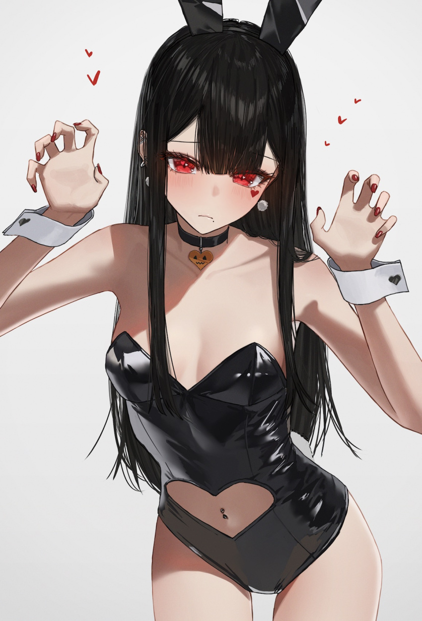 animal_ears bare_shoulders black_choker black_hair black_leotard blunt_bangs blush breasts choker claw_pose cleavage closed_mouth clothing_cutout collarbone cowboy_shot earrings enokawa_kokoro_(hara_kenshi) expressionless facial_mark female hara_kenshi heart heart_cutout heart_facial_mark heart_in_eye highres jewelry leaning_forward leotard long_hair looking_at_viewer mole mole_under_mouth nail_polish navel navel_cutout navel_piercing original piercing playboy_bunny rabbit_ears red_eyes red_nails sidelocks simple_background small_breasts solo strapless strapless_leotard symbol_in_eye thigh_gap white_background wrist_cuffs