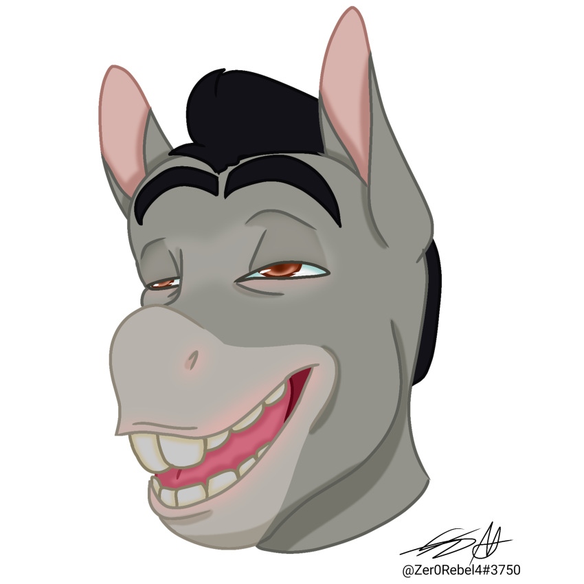 1:1 amber_eyes asinus big_teeth brown_hair digital_media_(artwork) donkey donkey_(shrek) dreamworks equid equine eyebrows feral fur gigachad grey_body grey_fur hair headshot_portrait hi_res humor male mammal mane meme nightmare_fuel portrait shrek_(series) smile solo thick_eyebrows tongue what where_is_your_god_now zer0rebel4