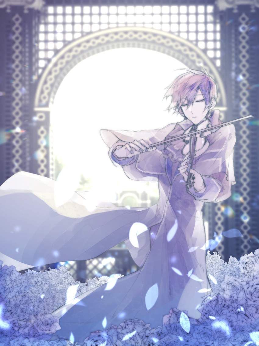 1boy arch backlighting binggwaryu bloom blue_coat blue_flower blue_hair blue_nails blue_rose closed_eyes coat commentary expressionless falling_petals feet_out_of_frame flower highres holding holding_instrument holding_violin instrument kaito_(vocaloid) lens_flare male_focus music petals playing_instrument project_diva_(series) rosa_blue_(module) rose violin vocaloid