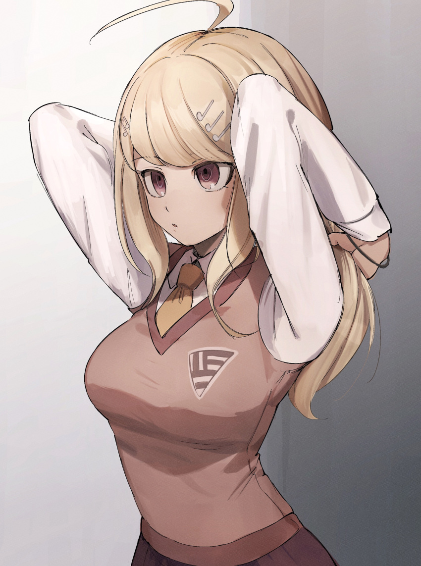 :o absurdres ahoge akamatsu_kaede arms_behind_head arms_up blonde_hair bojue_(hakus_1128) breasts collared_shirt commentary_request cowboy_shot danganronpa_(series) danganronpa_v3:_killing_harmony eighth_note female gradient_background grey_background hair_ornament hair_tie hands_in_hair highres large_breasts long_hair long_sleeves looking_at_viewer medium_breasts musical_note musical_note_hair_ornament necktie open_mouth orange_necktie pleated_skirt shirt skirt solo sweater_vest tying_hair