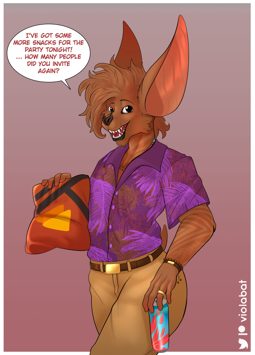 abstract_background absurd_res anthro bat beverage_can brown_body brown_fur dialogue english_text felid food fur hi_res hybrid jewelry lion looking_at_viewer male mammal necklace pantherine short_tail smile snack snacks solo tail talking_to_viewer text tucked_shirt viola_bat viola_bat_(character) wingless_bat