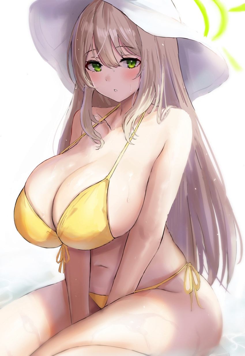 bare_shoulders bikini blue_archive blush breasts cleavage collarbone female front-tie_top green_eyes hair_between_eyes halo hat highres large_breasts light_brown_hair long_hair looking_at_viewer navel nonomi_(blue_archive) nonomi_(swimsuit)_(blue_archive) official_alternate_costume partially_submerged satou_aji side-tie_bikini_bottom sidelocks simple_background sitting solo stomach sun_hat swept_bangs swimsuit thighs wariza water wet wet_hair white_background white_hat yellow_bikini