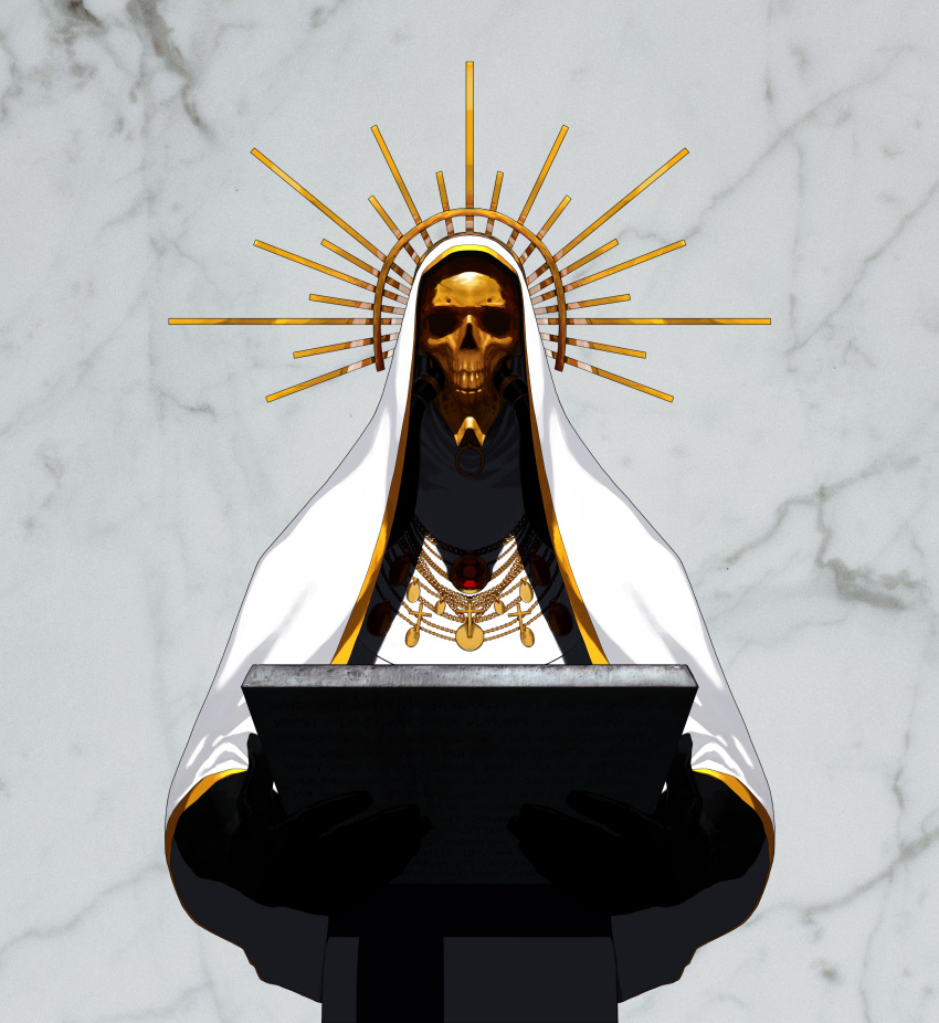 1boy absurdres bad_id bad_pixiv_id black_gloves commentary_request cross dgk gloves gold highres holding jewelry korean_commentary male_focus marble_(stone) marble_background mask necklace original priest skull_mask solo stone_tablet