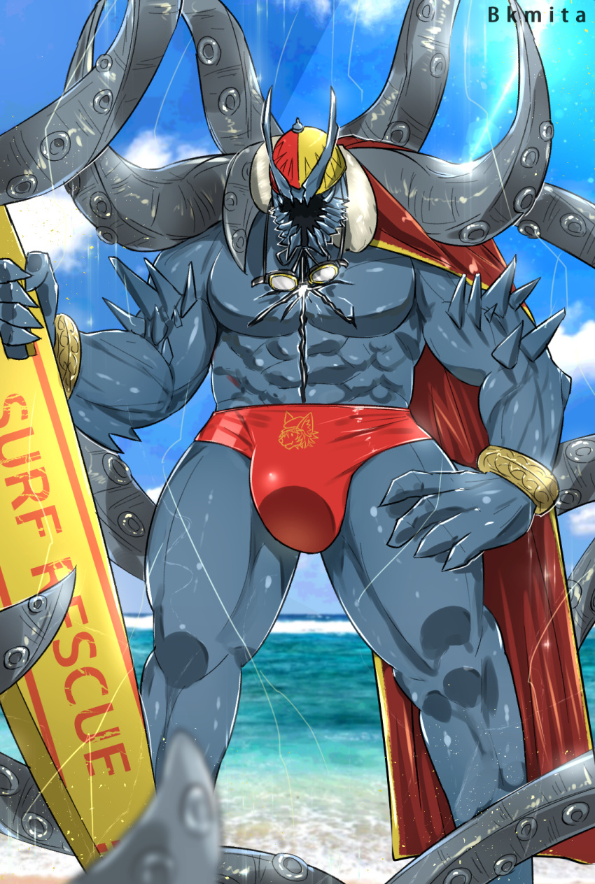 1boy abs bara beach bk_mita blue_sky bracelet bulge cape colored_skin day faceless fate/grand_order fate_(series) feet_out_of_frame giant giant_male goggles goggles_around_neck grey_skin highres ivan_the_terrible_(fate) jewelry large_pectorals looking_at_viewer male_focus male_swimwear monster_boy muscular muscular_male outdoors pectorals red_cape sky solo surfboard swim_briefs tentacle_hair thick_thighs thighs topless_male water wet