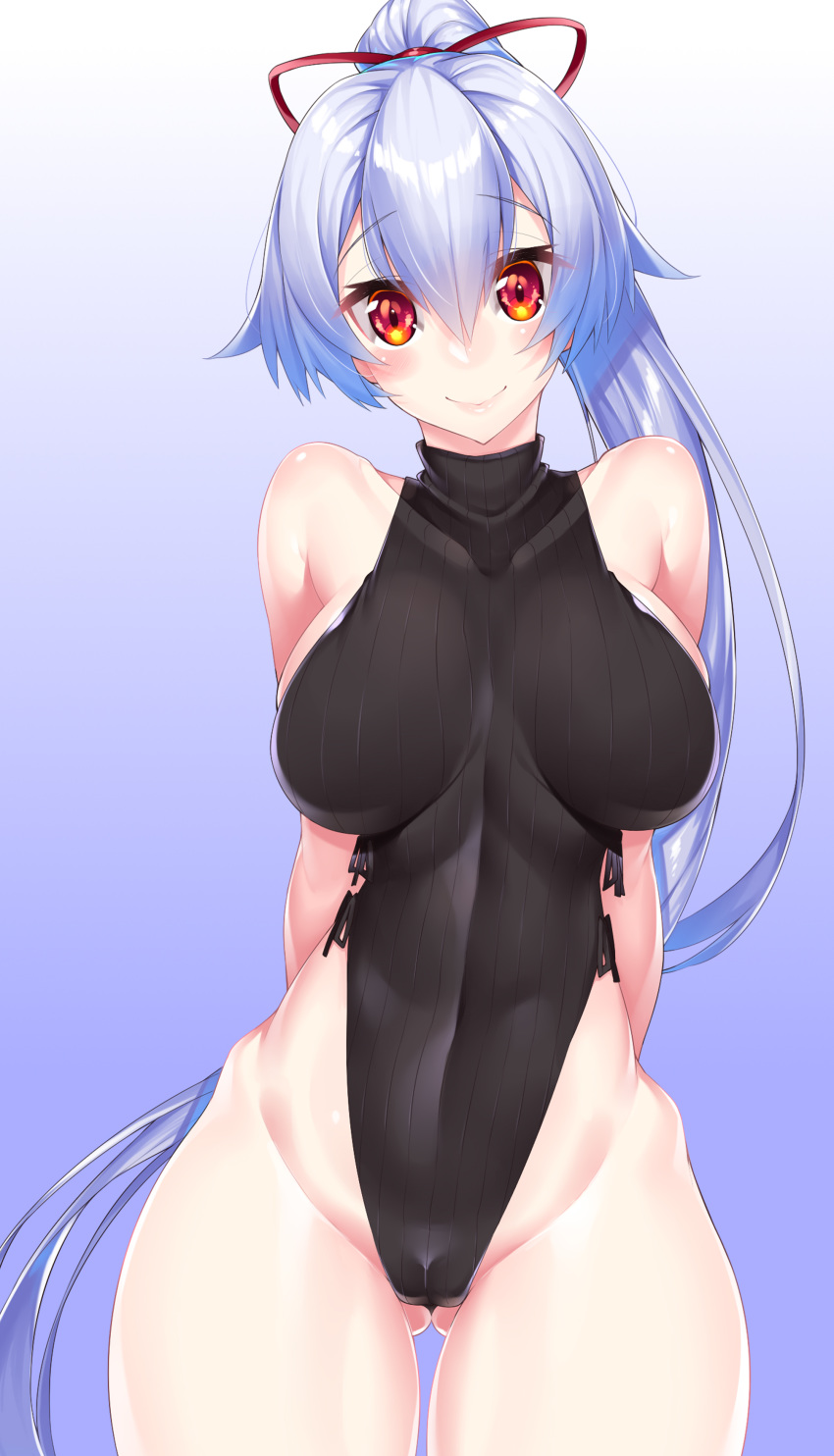 absurdres arms_behind_back ass_visible_through_thighs bare_shoulders black_leotard blush breasts closed_mouth collarbone covered_navel fate/grand_order fate_(series) female gradient_background grey_hair hair_between_eyes highleg highleg_leotard highres large_breasts leotard long_hair looking_at_viewer ponytail red_eyes ribbed_leotard smile solo thighs tomoe_gozen_(fate) very_long_hair watosu