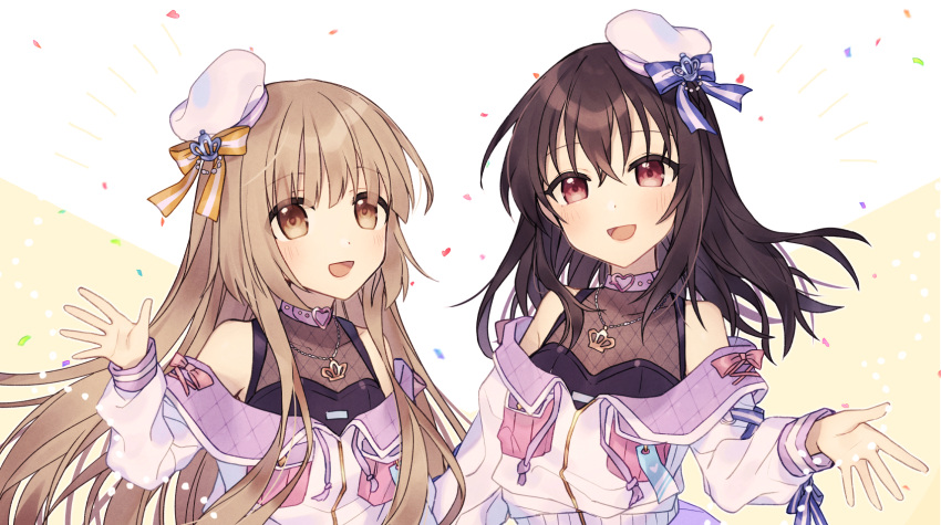 2girls :d bare_shoulders beret black_hair black_shirt blush brown_background brown_eyes brown_hair commentary_request drawstring fujiwara_hajime hair_between_eyes hand_up hat highres idolmaster idolmaster_cinderella_girls jacket long_hair long_sleeves looking_at_viewer minamiya_mia mini_hat multiple_girls off_shoulder open_mouth red_eyes sanshi_suimei_(idolmaster) shirt sleeveless sleeveless_shirt smile tilted_headwear two-tone_background upper_body very_long_hair white_background white_headwear white_jacket yorita_yoshino