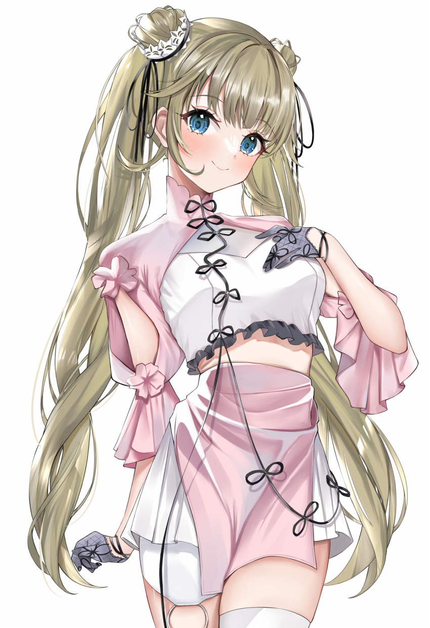 blue_eyes blush breasts brown_hair cattleya_regina_games cowboy_shot double_bun drill_hair female frills gloves hair_bun half_gloves hanabusa_lisa hanabusa_lisa_(3rd_costume) hand_on_own_chest highres long_hair looking_at_viewer medium_breasts midriff_peek nemun_(tamizzz) simple_background skirt smile twintails very_long_hair virtual_youtuber vspo! white_background