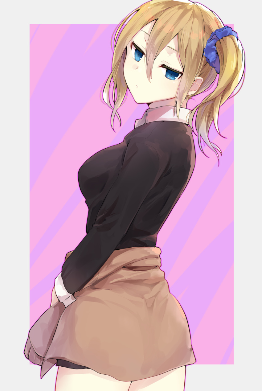 bad_id bad_pixiv_id black_jacket black_skirt blonde_hair blue_eyes blue_scrunchie blush breasts brown_cardigan cardigan cardigan_around_waist closed_mouth clothes_around_waist collared_shirt commentary_request cowboy_shot female hair_between_eyes hair_ornament hair_scrunchie hayasaka_ai highres jacket kaguya-sama_wa_kokurasetai_~tensai-tachi_no_renai_zunousen~ long_hair long_sleeves looking_at_viewer looking_to_the_side medium_breasts pink_background purple_background school_uniform scrunchie shirt shuuchiin_academy_school_uniform side_ponytail skirt solo standing tomozero white_shirt