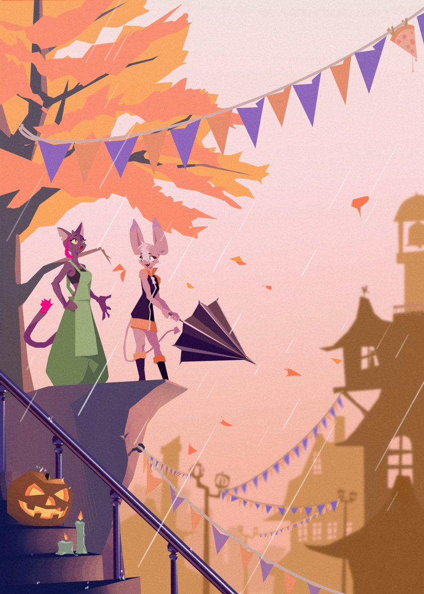 absurd_res anthro bat boots candle clothing detailed_background domestic_cat duo felid feline felis female footwear halloween hi_res holidays jack-o'-lantern kemari ko-mori leaf looking_up mammal raining sleeveless spade_tail stairs tail umbrella yellow_eyes