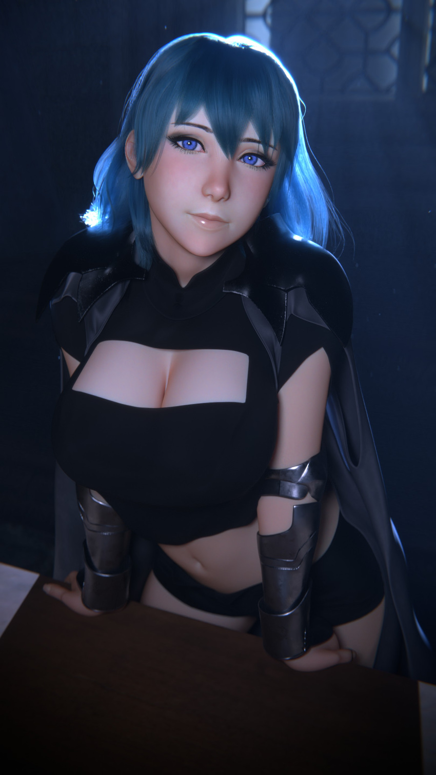 3d absurdres arm_guards blue_eyes blue_hair breasts byleth_(female)_(fire_emblem) byleth_(fire_emblem) cape cleavage cleavage_cutout clothing_cutout commentary crop_top desk female fire_emblem fire_emblem:_three_houses highres j9006 large_breasts leaning_forward looking_at_viewer medium_hair midriff night short_shorts shorts smile solo window