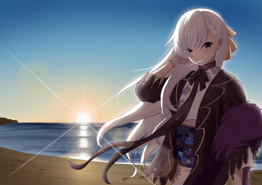 azur_lane belfast_(azur_lane) belfast_(folded_fascination)_(azur_lane) choker closed_mouth female flat_chest gloves hair_ornament hand_on_own_ear hand_up highres lens_flare long_hair looking_at_viewer new_year purple_eyes ribbon shinka_(yonkun121) sky sunrise water white_hair