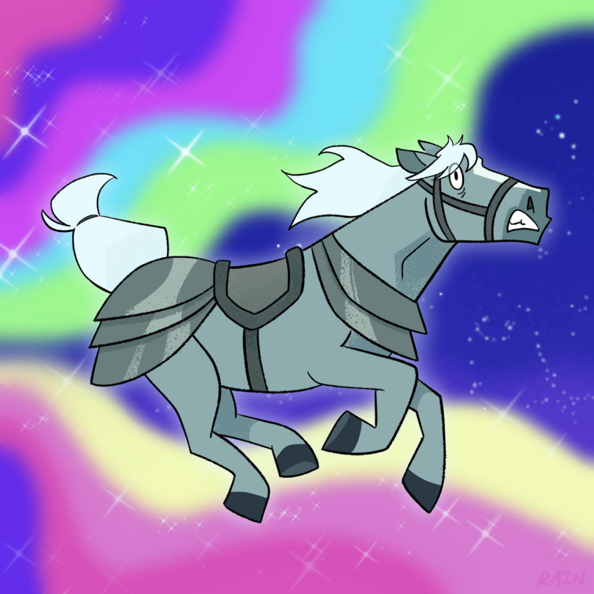 1:1 2021 accessory armor black_eyes bridle centaurworld digital_drawing_(artwork) digital_media_(artwork) equid equine female feral grey_body hair hair_accessory hairband hi_res hooves horse horse_(centaurworld) mammal mane netflix rainbow reins running saddle scared solo sparkles star umbrellamachine white_hair white_mane