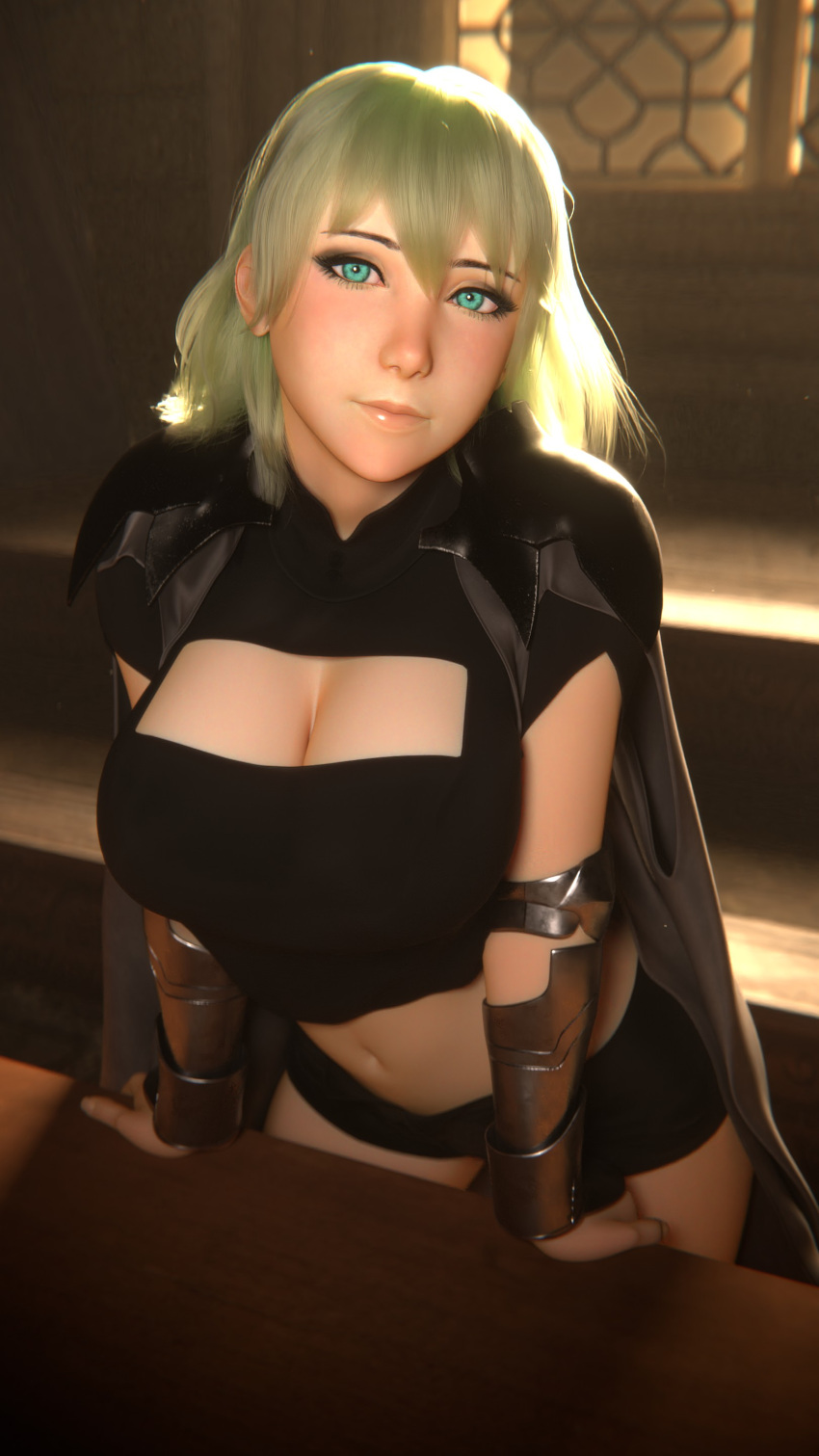 3d absurdres arm_guards breasts byleth_(female)_(fire_emblem) byleth_(fire_emblem) cape cleavage cleavage_cutout clothing_cutout commentary crop_top desk enlightened_byleth_(female) female fire_emblem fire_emblem:_three_houses green_eyes green_hair highres j9006 large_breasts leaning_forward looking_at_viewer medium_hair midriff short_shorts shorts smile solo sunlight thighs window