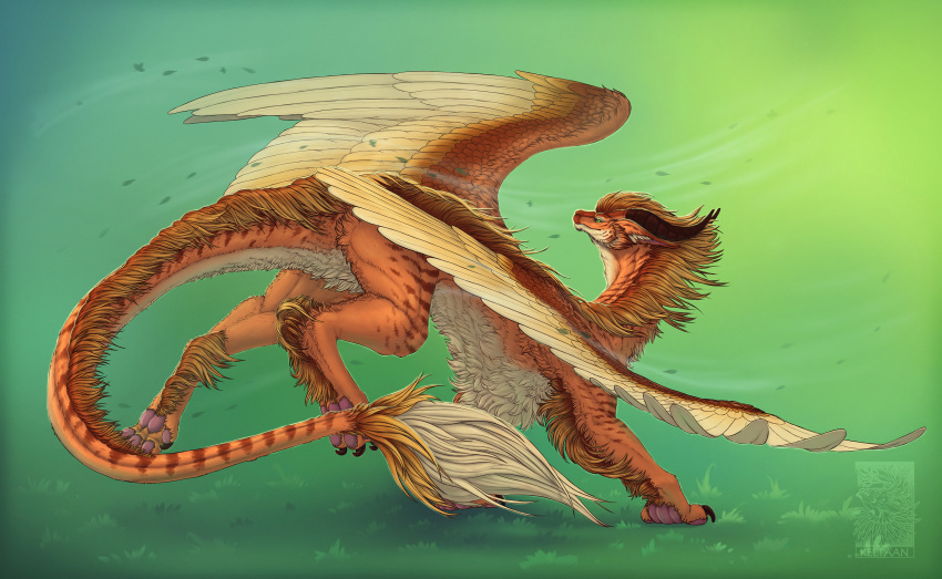 ambiguous_gender brown_body brown_feathers brown_fur claws dragon feathered_dragon feathered_scalie feathered_wings feathers feral fur furred_dragon furred_scalie hair hi_res horn keltaan mythological_creature mythological_scalie mythology orange_body orange_feathers orange_fur orange_hair scalie smile solo tail wings