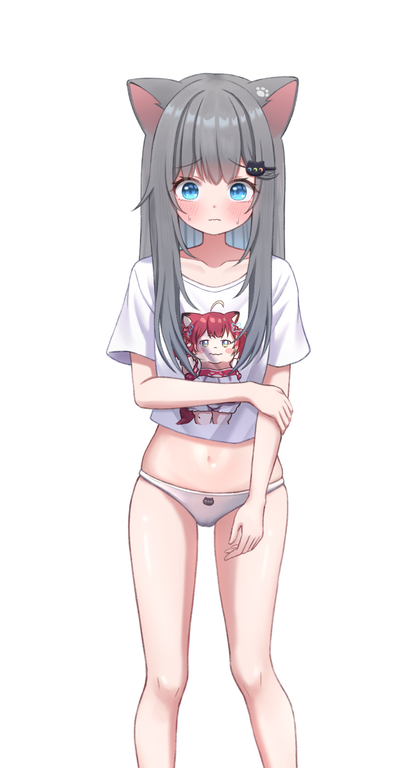 absurdres akami_karubi animal_ears blue_eyes cat_ears cat_girl character_print cropped_shirt female harupuri913 highres indie_virtual_youtuber long_hair looking_at_viewer nachoneko navel no_pants panties shirt short_sleeves sweat underwear virtual_youtuber wavy_mouth white_panties white_shirt