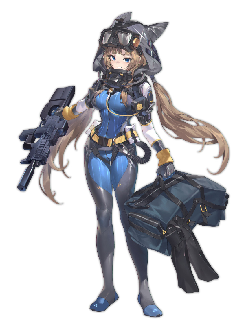 absurdres animal_hood bag belt blue_bag blue_eyes bodysuit breasts brown_hair diving_suit duffel_bag female flippers flippers_removed foregrip full_body goggles goggles_on_head grin gun highres holding holding_bag holding_gun holding_weapon hood hood_up ktr_(tpun2553) long_hair looking_at_viewer low_twintails medium_breasts optical_sight original respirator rifle sidelocks simple_background skin_tight smile solo standing suppressor triangle twintails weapon white_background