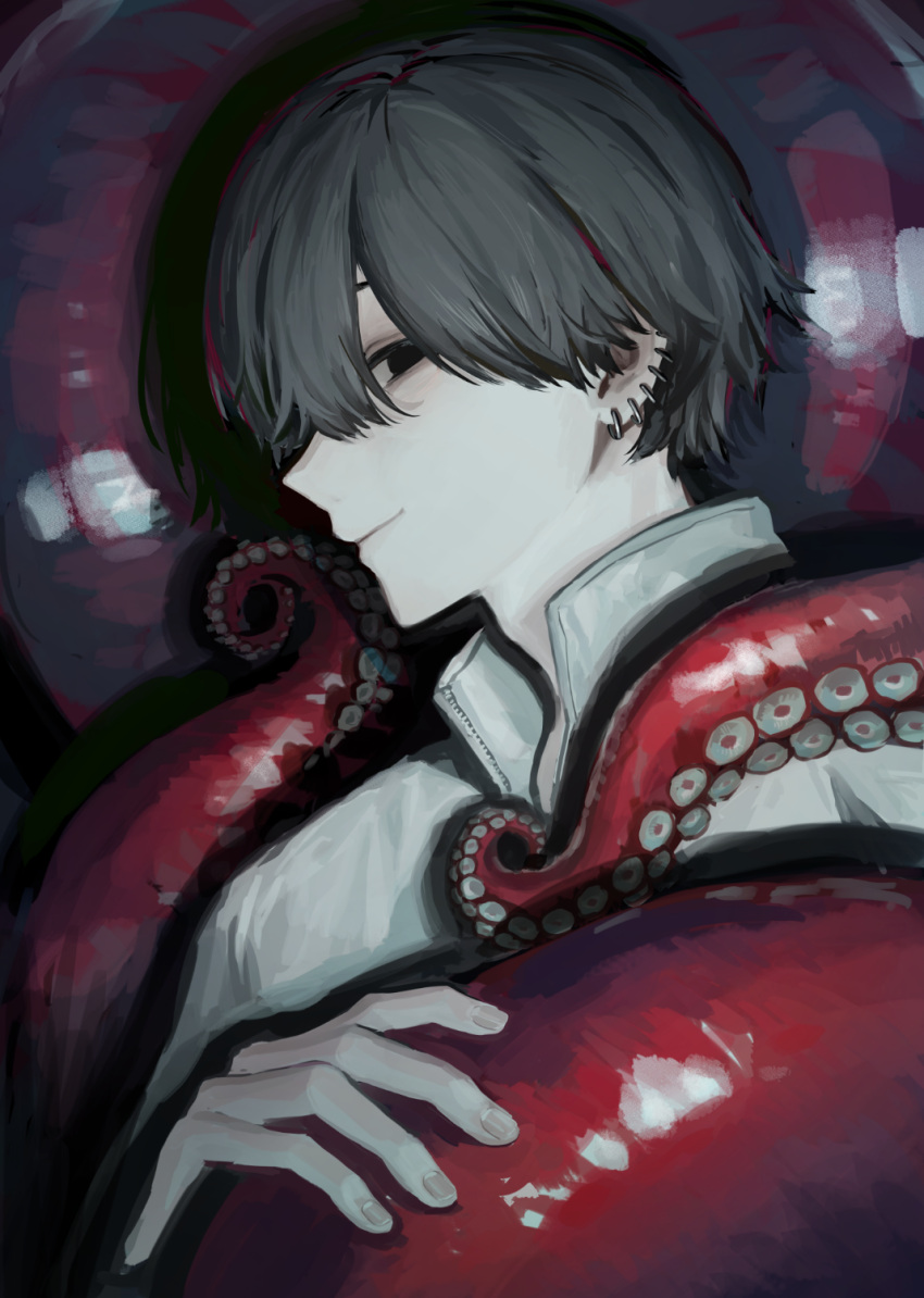 1boy black_eyes black_hair chainsaw_man closed_mouth commentary earrings highres hiiragi_hiiro jewelry limited_palette long_bangs looking_at_viewer male_focus mole mole_under_mouth multiple_earrings octopus_devil_(chainsaw_man) pale_skin profile red_theme shirt short_hair sideways_glance smile solo tentacle upper_body yoshida_hirofumi