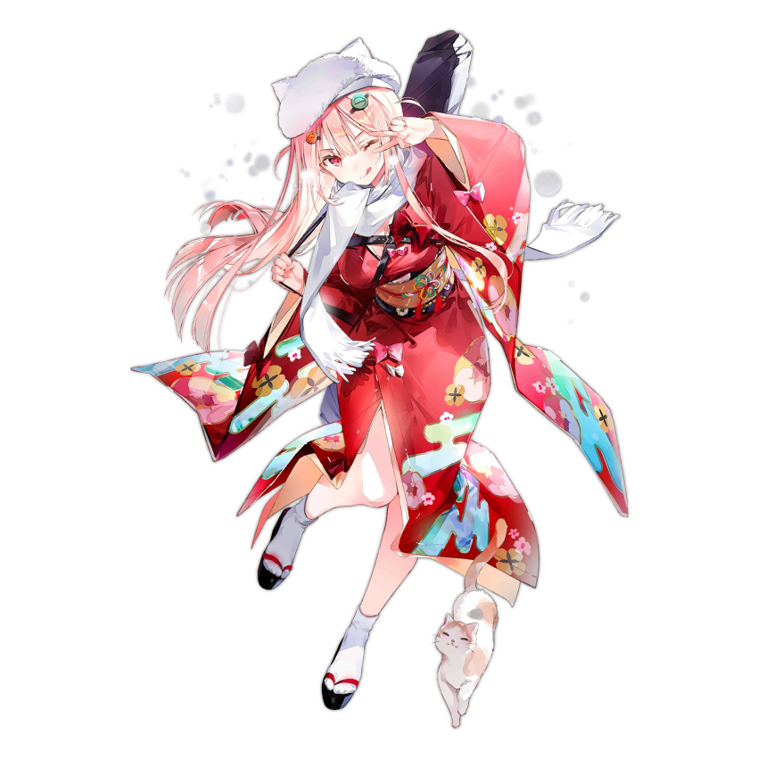 :q animal animal_ear_headwear animal_ears black_footwear breasts dsmile fake_animal_ears feline female full_body girls'_frontline hair_ornament hairclip heavy_breathing highres japanese_clothes kimono large_breasts long_hair long_sleeves looking_at_viewer obi official_alternate_costume official_art one_eye_closed pink_hair red_eyes red_kimono sandals sash scarf simple_background socks solo standing standing_on_one_leg third-party_source tongue tongue_out transparent_background ukm-2000_(girls'_frontline) ukm-2000_(snowfield_delivery_service)_(girls'_frontline) v very_long_hair weapon_case white_cat white_headwear white_scarf white_socks zouri