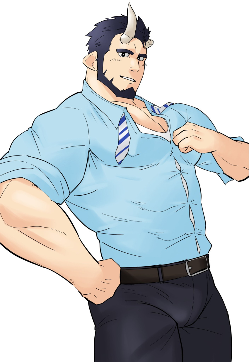 1boy aqua_shirt bara beard belt broken_horn bulge bursting_pectorals covered_nipples cowboy_shot demon_boy demon_horns facial_hair highres horns kansuke_(kansuke_717) large_pectorals live_a_hero looking_at_viewer male_focus mature_male muscular muscular_male necktie nessen_(live_a_hero) pectoral_cleavage pectorals pointy_ears shirt short_hair smile solo undone_necktie white_background