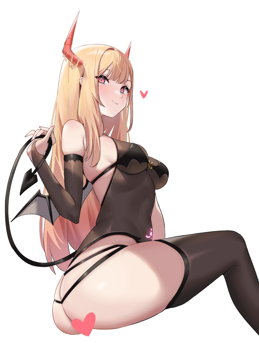 ass black_leotard black_thighhighs blonde_hair breasts bridal_gauntlets censored chen_yang_yang colored_tips commentary demon_girl demon_horns demon_tail english_commentary female from_side hand_up heart heart_censor highres holding_own_tail horns kitagawa_marin leotard medium_breasts multicolored_hair parted_lips pink_eyes pink_nails simple_background sitting smile solo sono_bisque_doll_wa_koi_wo_suru stomach_tattoo tail tattoo thighhighs white_background