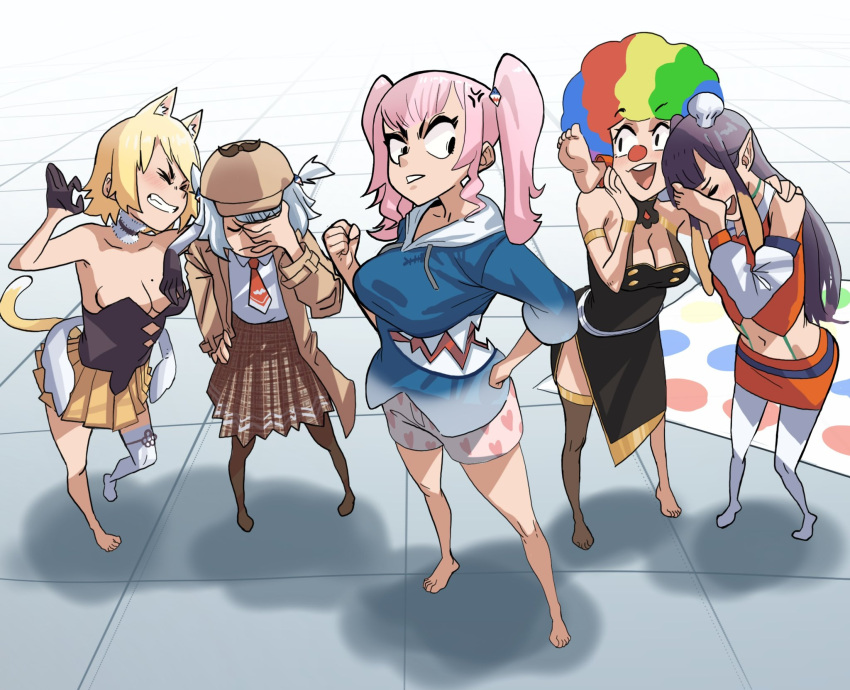 afro animal_ears barefoot blonde_hair blue_eyes blue_hair blunt_bangs blush boxers breasts cat_ears cleavage cosplay costume_switch detective facepalm feet gawr_gura gawr_gura_(1st_costume) gradient_hair hair_ornament hat highres holding hololive hololive_english laughing_girls_(meme) long_hair male_underwear meme mori_calliope multicolored_hair multiple_girls necktie ninomae_ina'nis open_mouth orange_hair pink_hair pointy_ears purple_hair shirt short_hair single_thighhigh skirt smile takanashi_kiara thighhighs twintails twister underwear very_long_hair virtual_youtuber watson_amelia watson_amelia_(1st_costume) white_shirt zedd_(zedgawr)