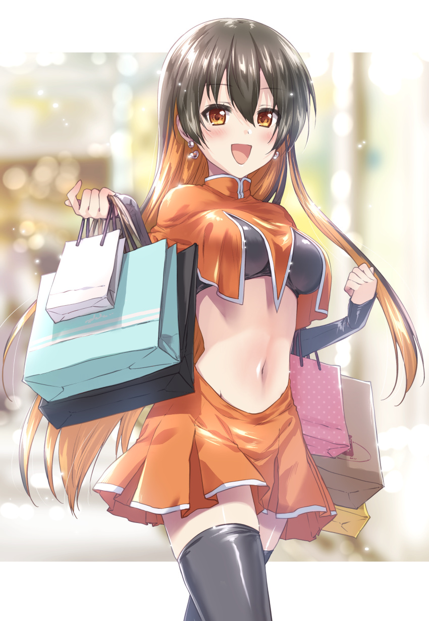 absurdres bag black_hair black_thighhighs blurry blurry_background breasts capelet commission cowboy_shot earrings female highres holding holding_bag jewelry kuroi_mimei long_hair medium_breasts midriff monero monero-chan multicolored_hair navel open_mouth orange_capelet orange_eyes orange_hair orange_skirt second-party_source skirt smile solo thighhighs two-tone_hair very_long_hair