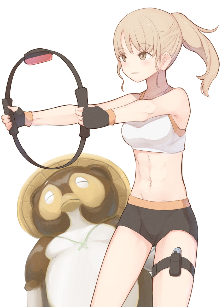 :| alternate_costume bare_shoulders bike_shorts black_hair blonde_hair breasts brown_eyes brown_hair closed_mouth commentary_request female fingerless_gloves gloves highres joy-con long_hair looking_away midriff miyako_(naotsugu) navel nijisanji nintendo nintendo_switch outstretched_arms ponytail ring-con ring_fit_adventure simple_background sister_claire solo sports_bra standing tanuki thigh_strap virtual_youtuber white_background