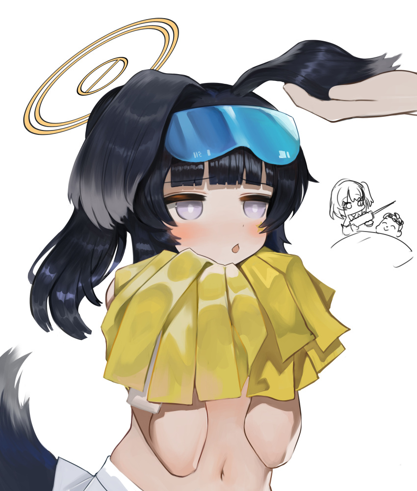 1other absurdres animal_ears black_hair blue_archive blush cheerleader chestnut_mouth commentary_request dog_ears dog_girl dog_tail dokomon doodle_sensei_(blue_archive) female goggles goggles_on_head grey_eyes halo hands_up hibiki_(blue_archive) hibiki_(cheer_squad)_(blue_archive) highres holding holding_ear korean_commentary long_hair millennium_cheerleader_outfit_(blue_archive) navel parted_lips playing_with_another's_ears pleated_skirt pom_pom_(cheerleading) ponytail sensei_(blue_archive) simple_background skirt tail under_covers white_background white_skirt