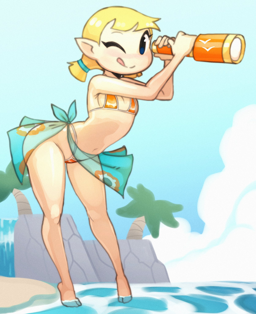 angstrom aryll beach bikini black_eyes blonde_hair blush clothing female hair hi_res holding_telescope humanoid humanoid_pointy_ears hylian nintendo not_furry one_eye_closed palm_tree plant seaside smile solo swimwear telescope the_legend_of_zelda tongue tongue_out tree white_body white_skin