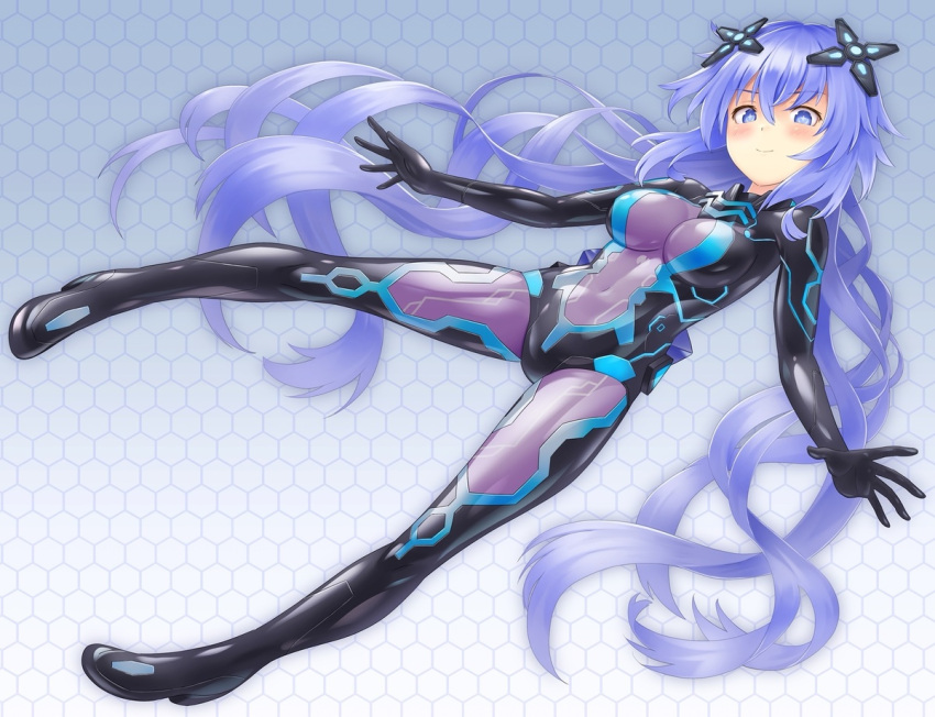 blue_eyes blush bodysuit breasts commentary_request covered_navel female full_body hair_between_eyes headgear kurione_(zassou) long_hair looking_at_viewer neptune_(series) next_purple power_symbol power_symbol-shaped_pupils purple_hair purple_heart_(neptunia) see-through skin_tight smile solo symbol-shaped_pupils very_long_hair