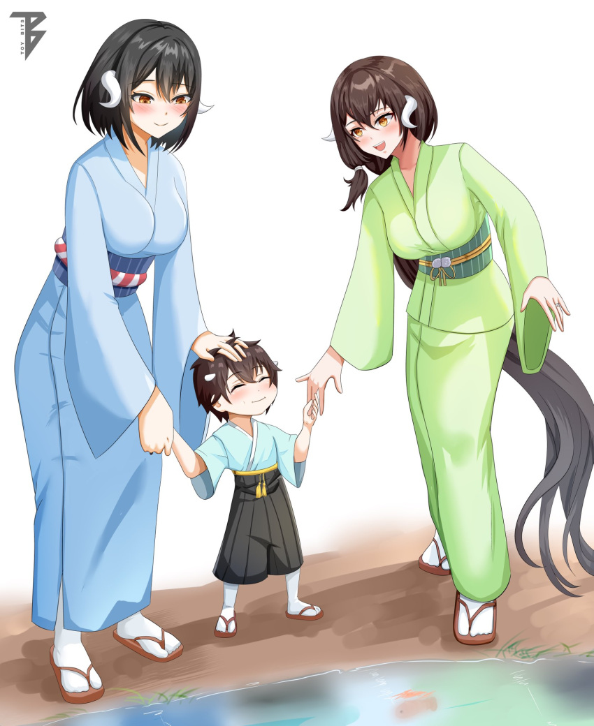 1boy 2girls alternate_costume azur_lane black_hair blue_kimono bob_cut breasts brown_hair closed_eyes closed_mouth commission curled_horns full_body grandmother grandmother_and_grandson green_kimono grey_hair hakama hakama_shorts hand_in_another's_hair hand_on_another's_head highres holding_hands horns japanese_clothes kimono large_breasts long_hair mikasa_(azur_lane) mother_and_daughter mother_and_son multiple_girls obi open_mouth sandals sash second-party_source shorts socks standing tabi toy_bits very_long_hair yellow_eyes